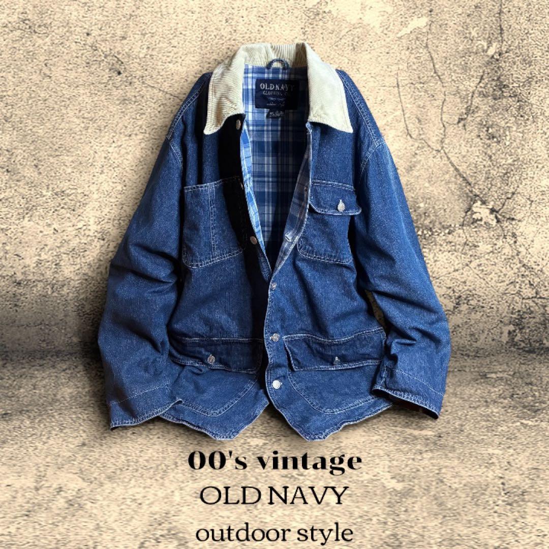 vintage OLD NAVY デニム カバーオール コーデュロイ襟 チェック