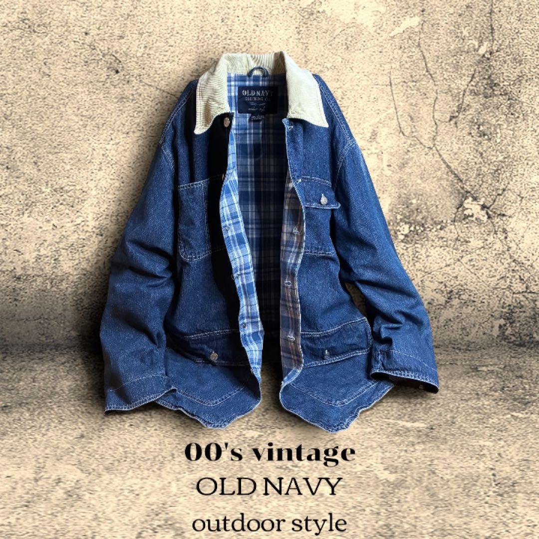 vintage OLD NAVY デニム カバーオール コーデュロイ襟 チェック