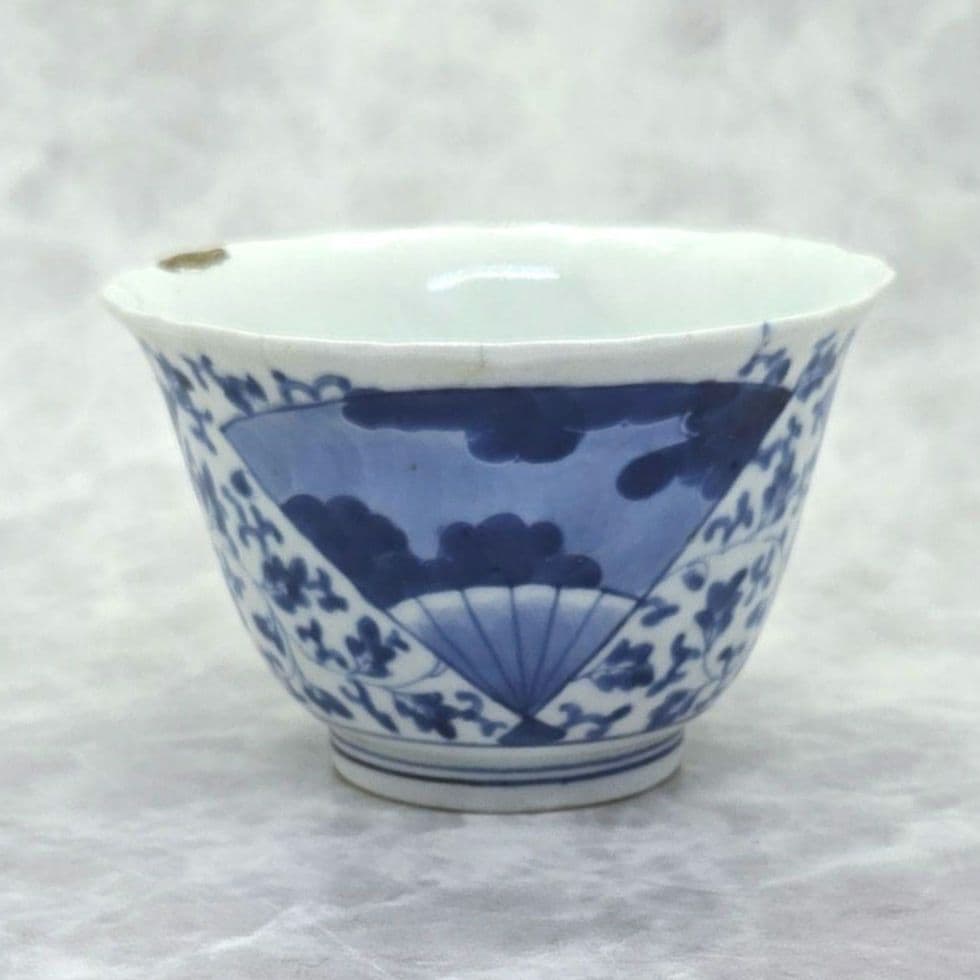 古伊万里　染付　花唐草　扇面　向付　金継ぎ　江戸時代　アンティーク　骨董