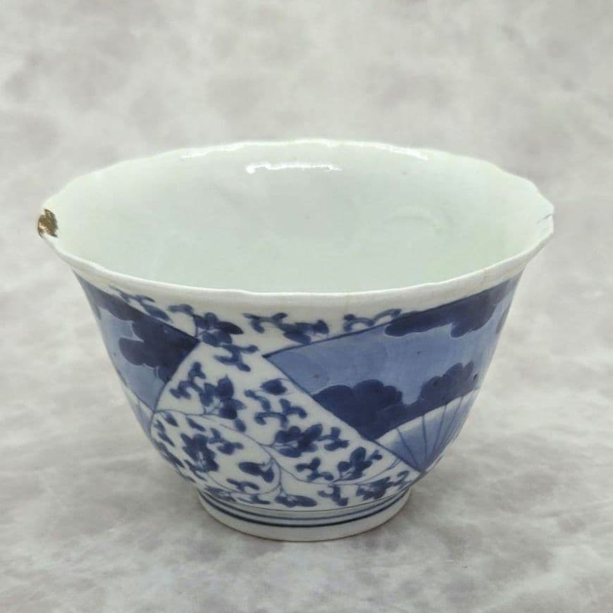 古伊万里　染付　花唐草　扇面　向付　金継ぎ　江戸時代　アンティーク　骨董