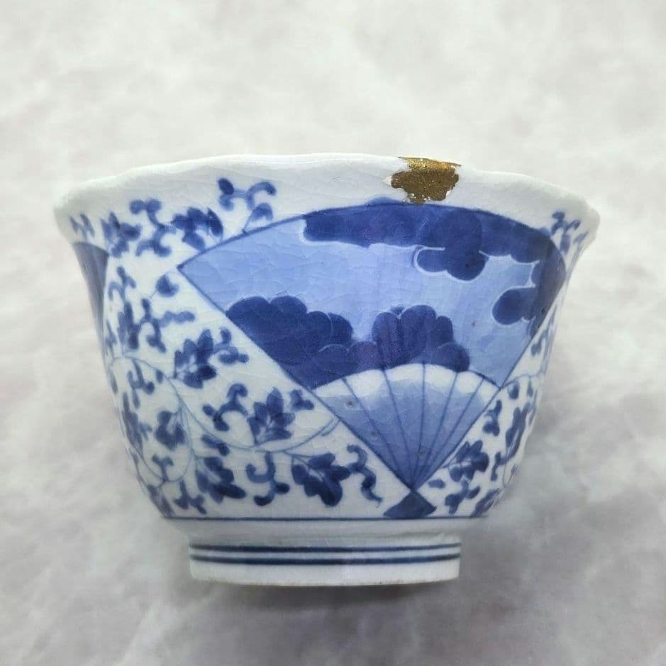 古伊万里　染付　花唐草　扇面　向付　金継ぎ　江戸時代　アンティーク　骨董