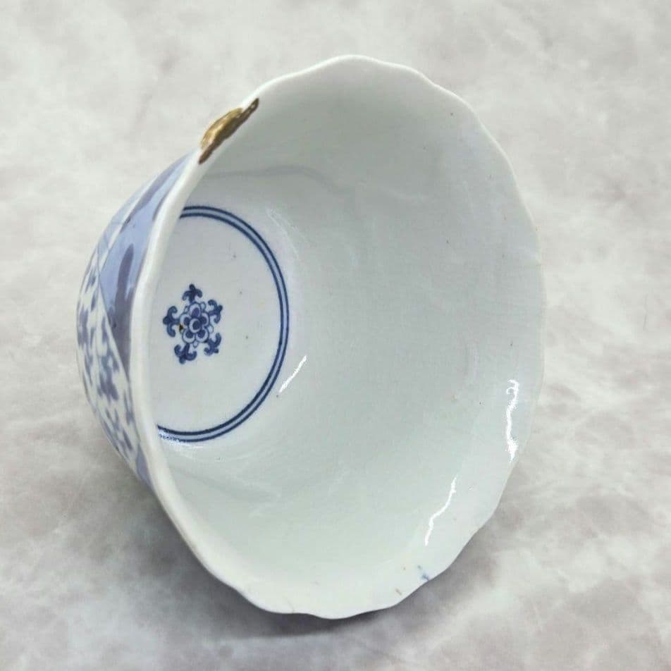 古伊万里　染付　花唐草　扇面　向付　金継ぎ　江戸時代　アンティーク　骨董