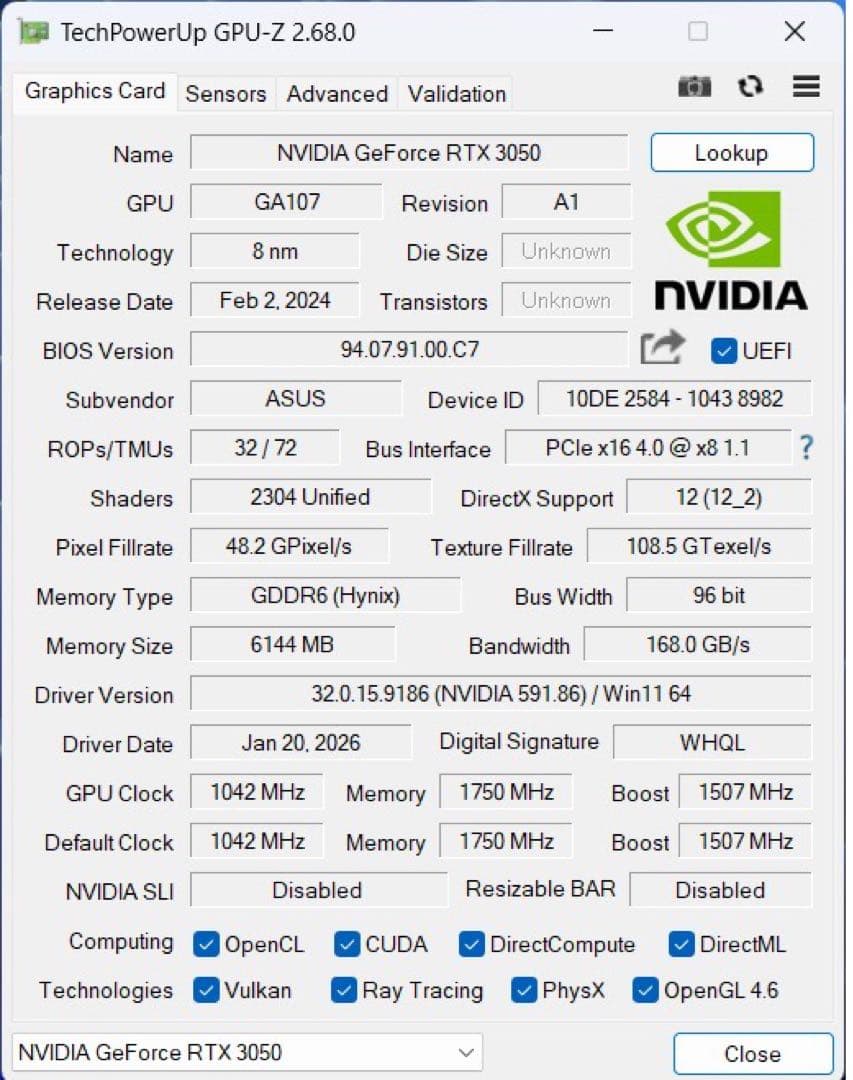 ASUS GeForce RTX3050 LP 中古動作品