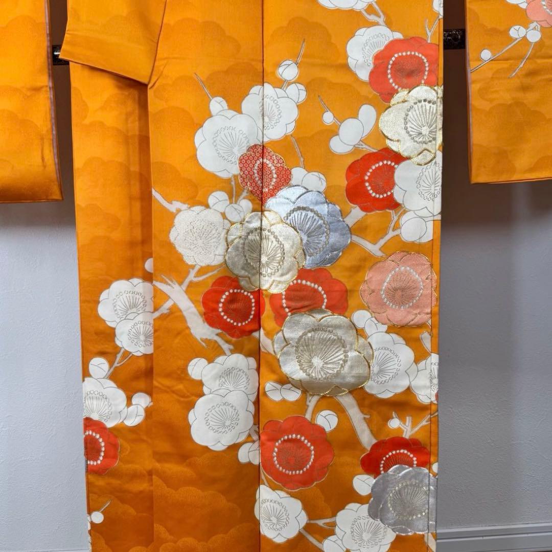 超美品　正絹　現代　振袖　成人式　着物　166裄64 オレンジ　シンプル　梅柄