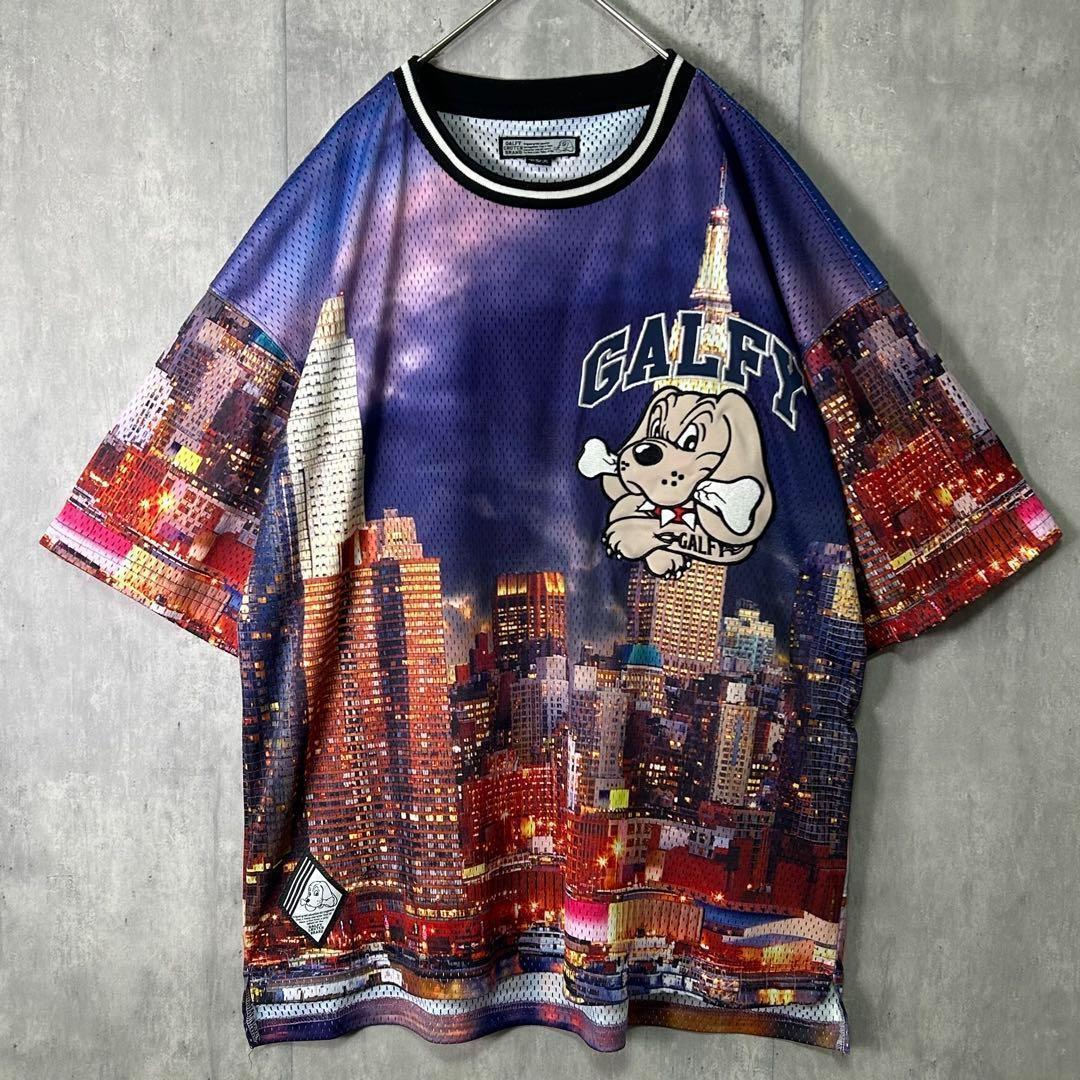 GALFY New York 総柄 メッシュ ゲームシャツ 刺繍ロゴ L