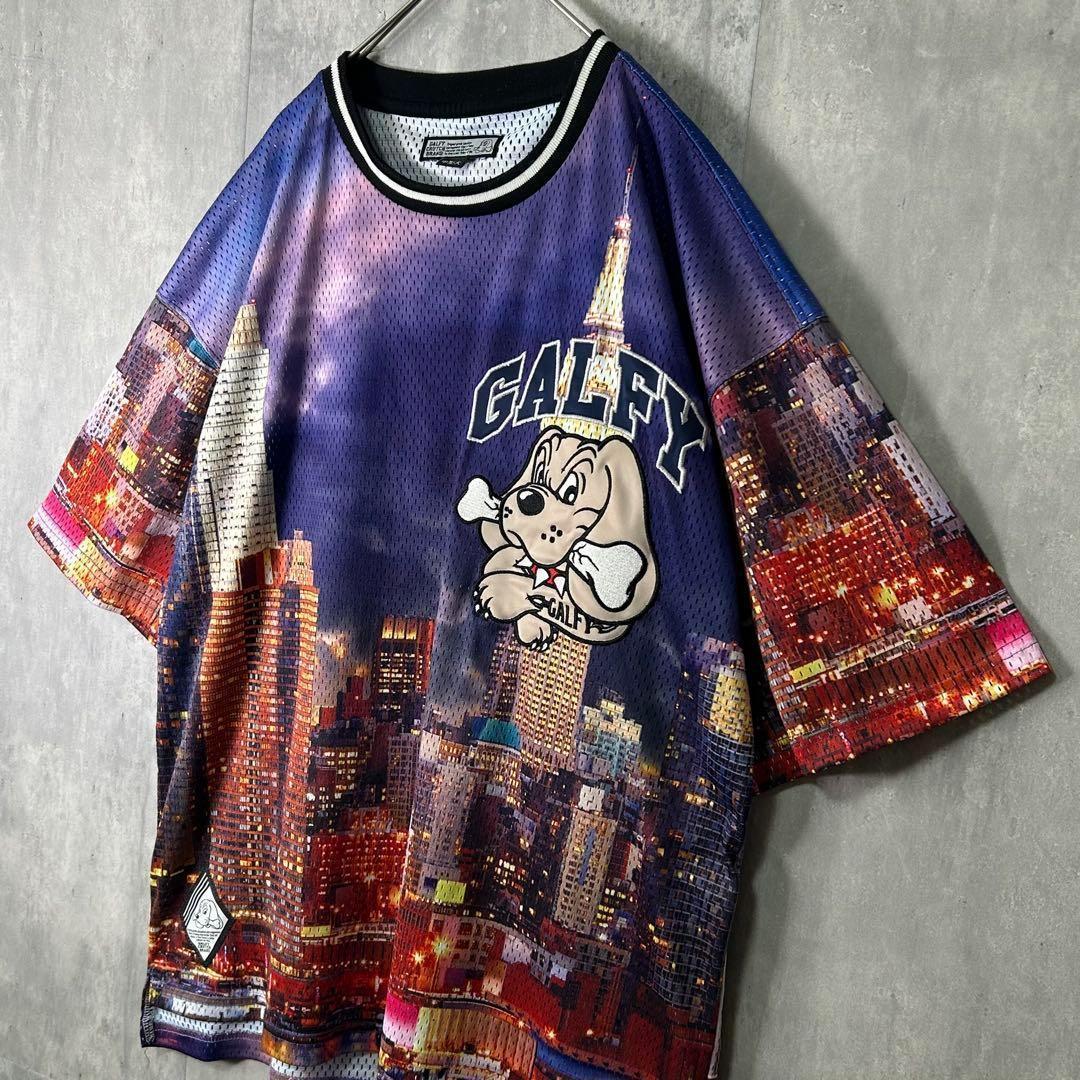 GALFY New York 総柄 メッシュ ゲームシャツ 刺繍ロゴ L