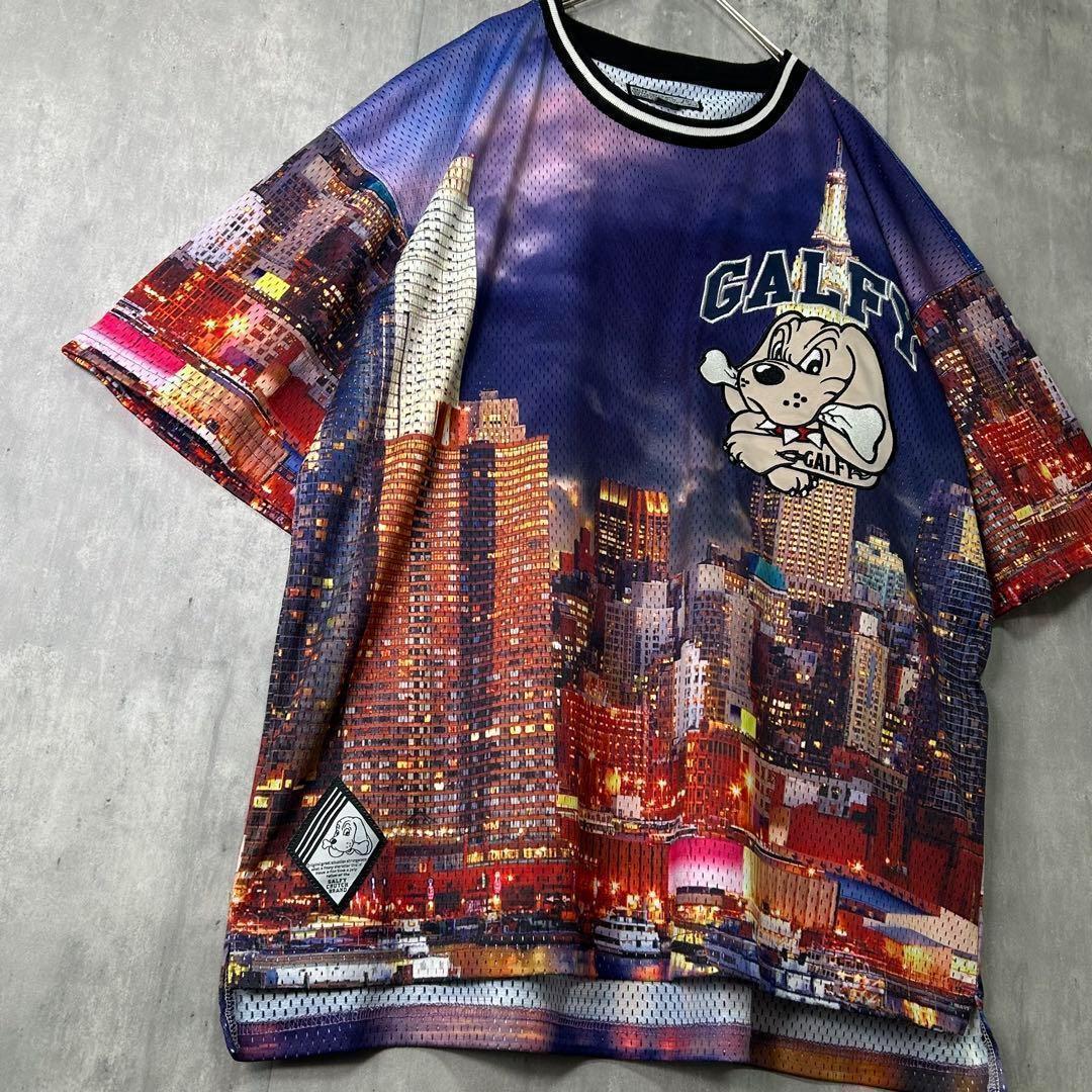 GALFY New York 総柄 メッシュ ゲームシャツ 刺繍ロゴ L