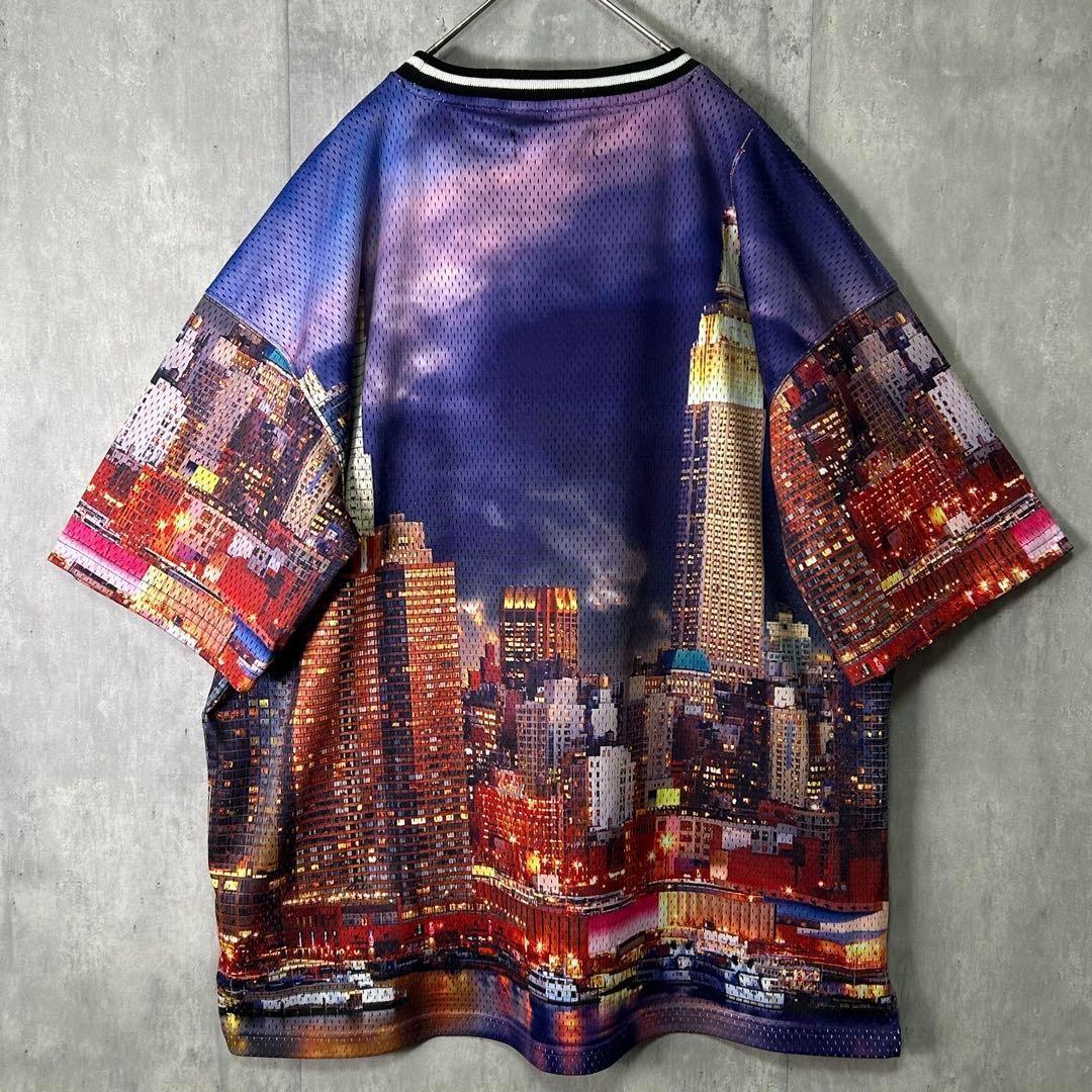 GALFY New York 総柄 メッシュ ゲームシャツ 刺繍ロゴ L
