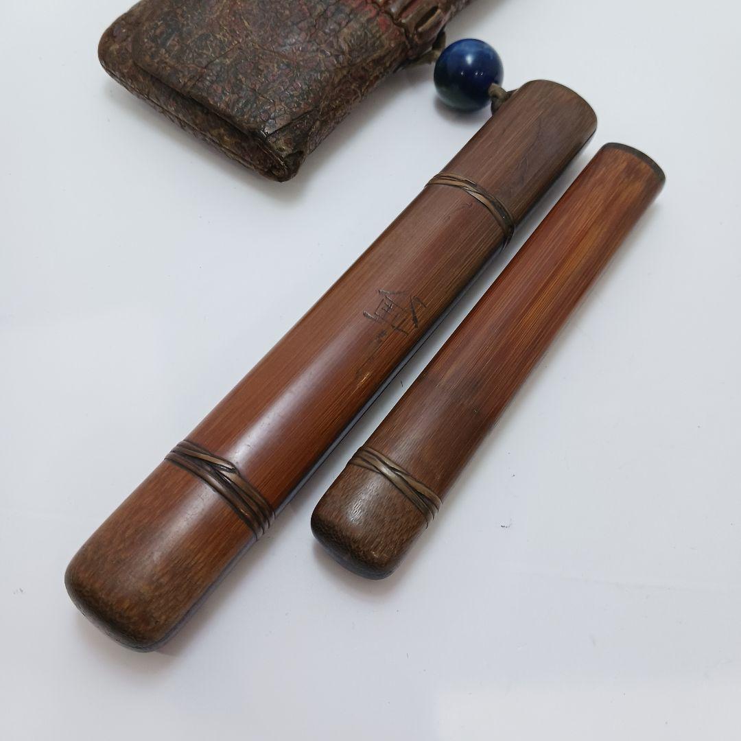 専用Y2978-1 時代物 象嵌金具 竹製 煙管筒 煙草入 キセル筒 ラピス