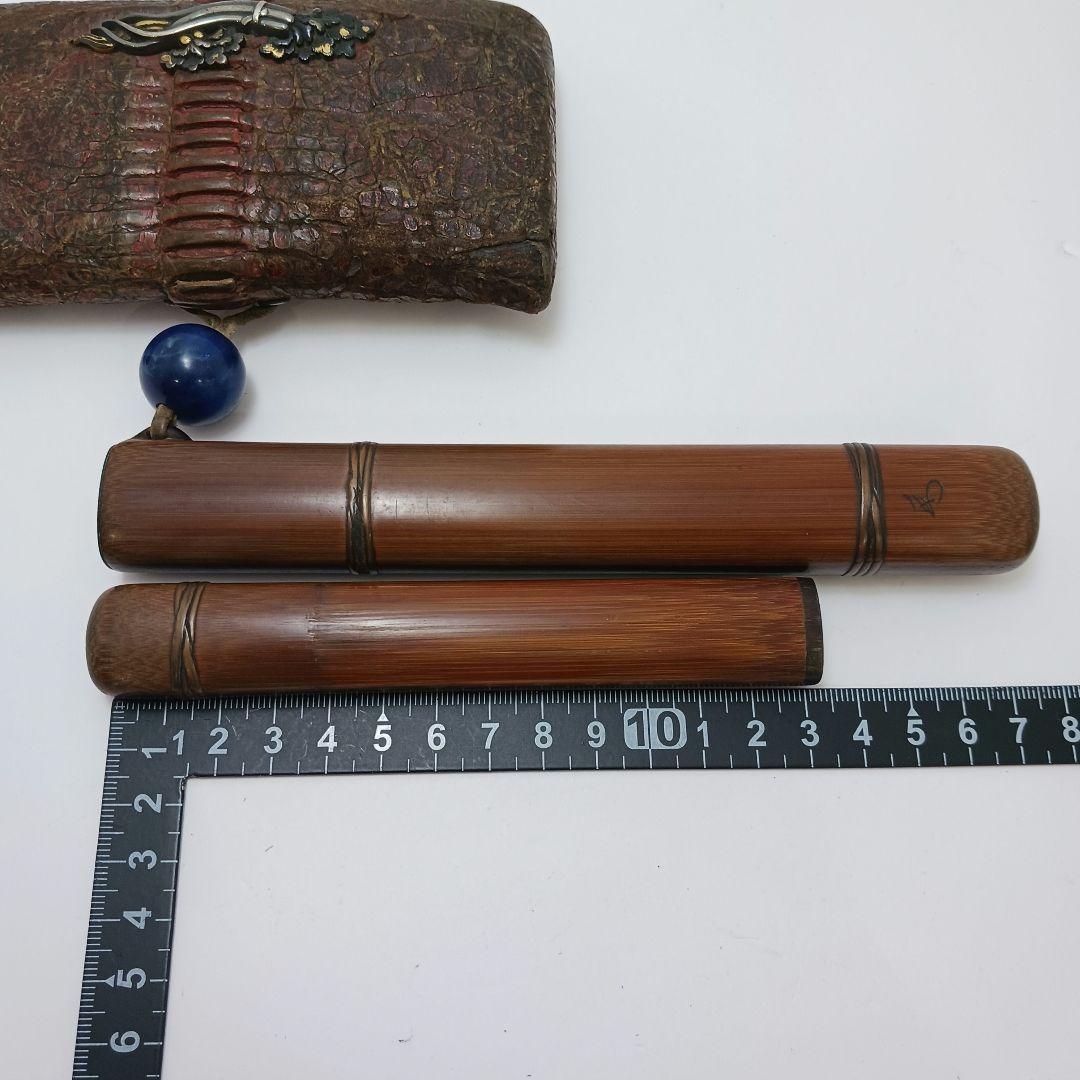 専用Y2978-1 時代物 象嵌金具 竹製 煙管筒 煙草入 キセル筒 ラピス