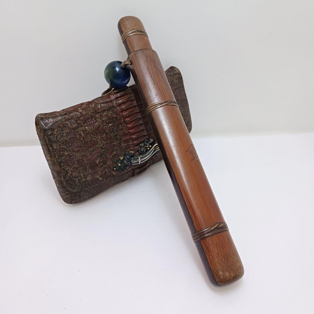 専用Y2978-1 時代物 象嵌金具 竹製 煙管筒 煙草入 キセル筒 ラピス