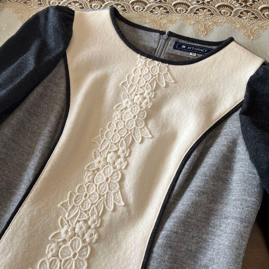 美品　エムズグレイシー　サイズ40 毛100%フラワー刺繍ワンピース