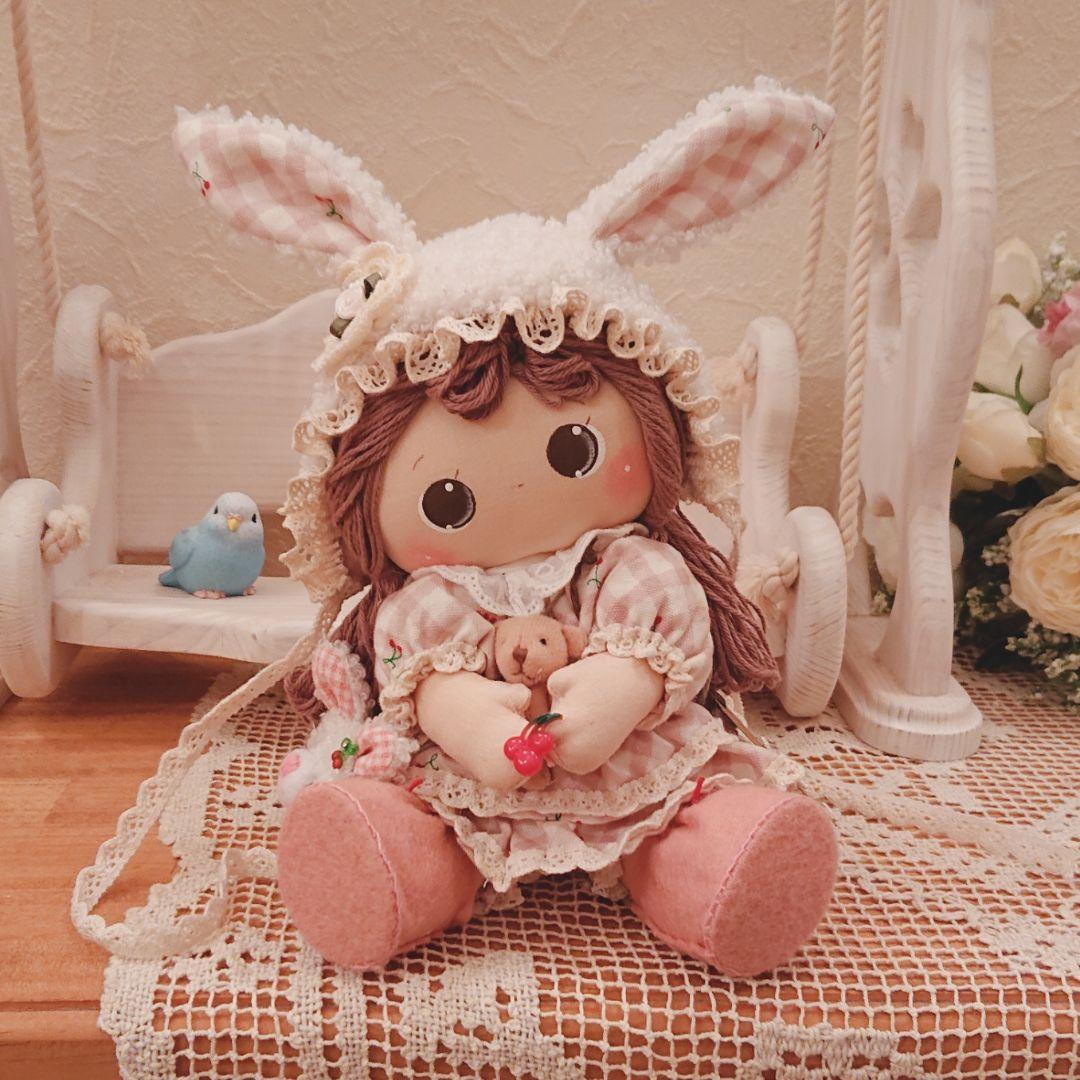 ❁ハンドメイドドール❁ウサ耳ボンネット人形❁カントリードール❁お人形 ❁贈り物