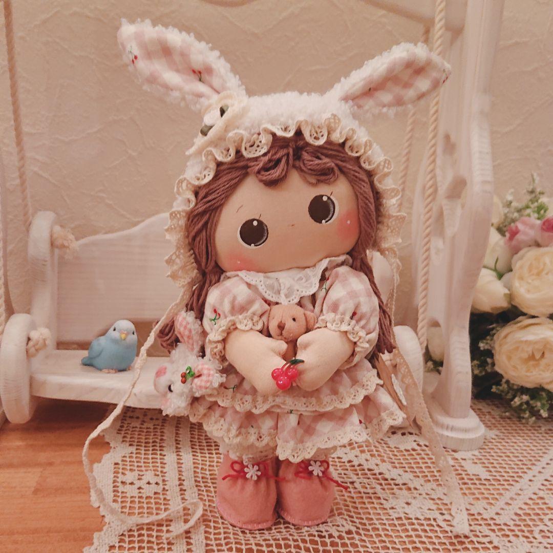 ❁ハンドメイドドール❁ウサ耳ボンネット人形❁カントリードール❁お人形 ❁贈り物