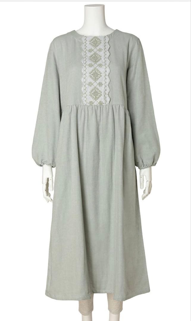キッドブル パジャマ　コードエンブWガーゼ 長袖ナイティ　ミント　グリーン