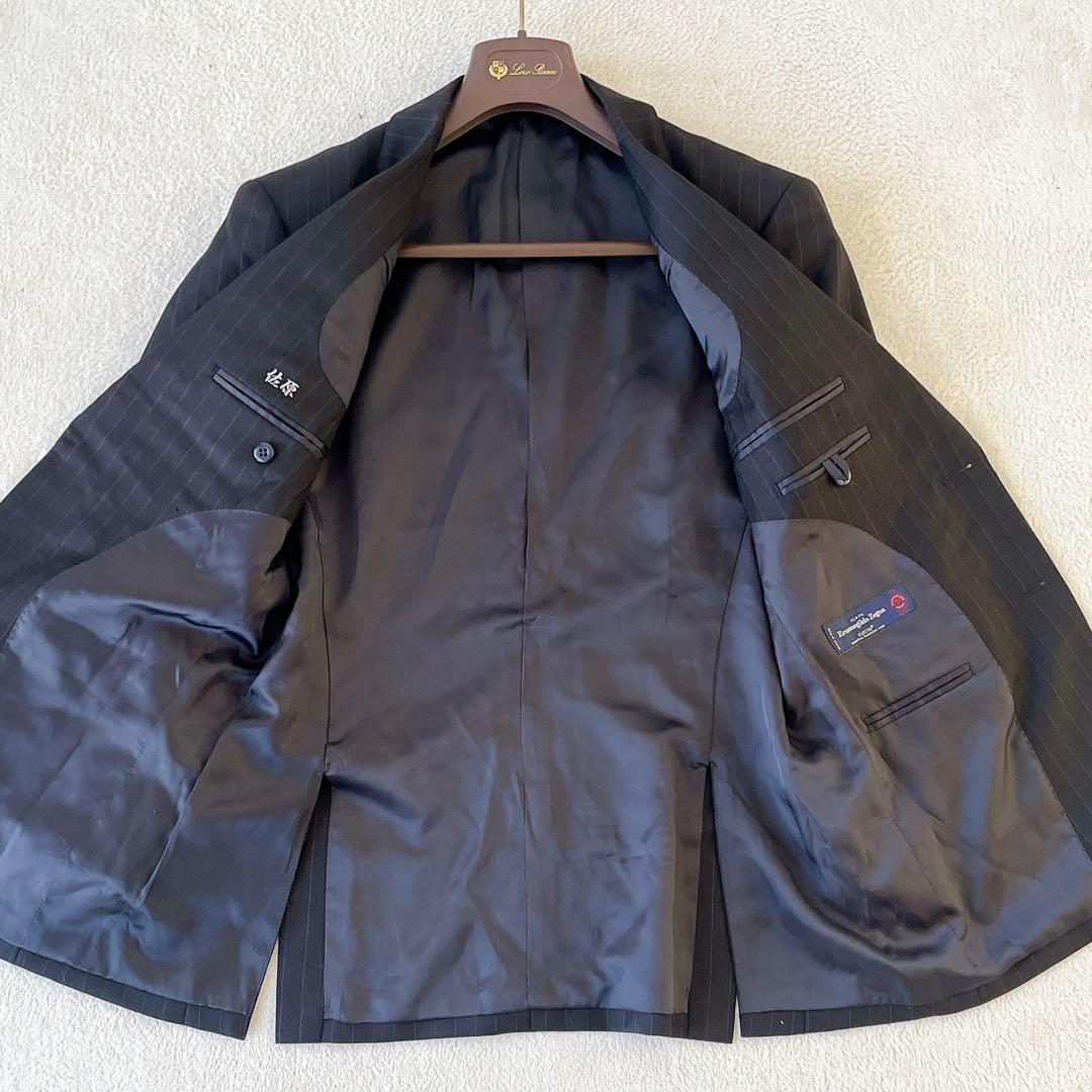 極美品 エルメネジルドゼニア スーツ ストライプ セットアップ ウール 黒 S
