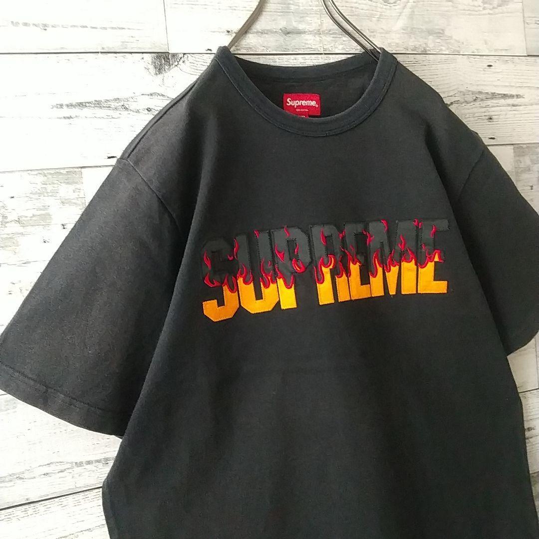 人気デザイン☆シュプリーム 刺繍 ファイアーパターン センターロゴ Tシャツ M