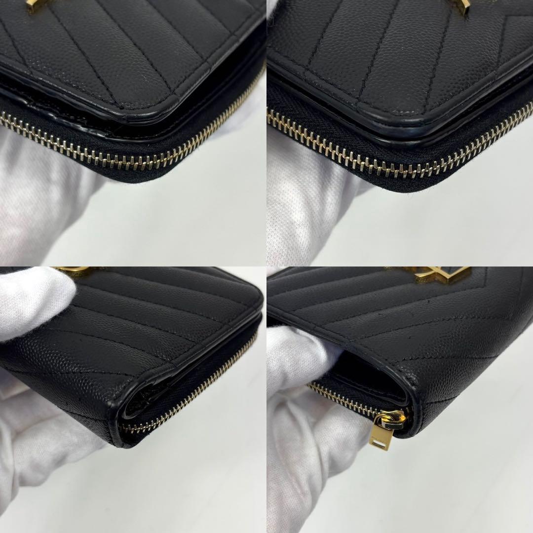 専用サンローラン 2つ折り財布 カサンドラ Vステッチ ロゴ金具 レザー 黒