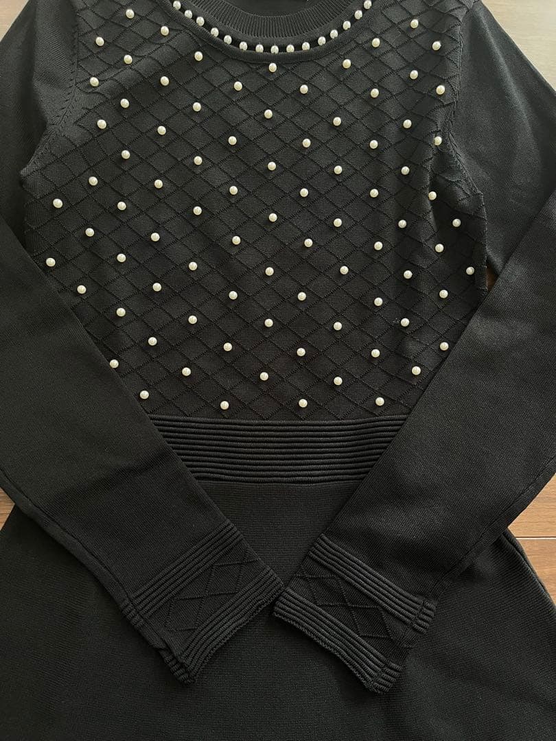 Sandro Paris サロンド パール装飾　ニットワンピース ブラック　黒