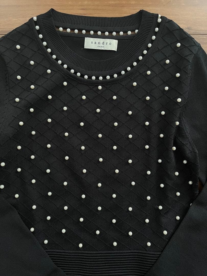Sandro Paris サロンド パール装飾　ニットワンピース ブラック　黒