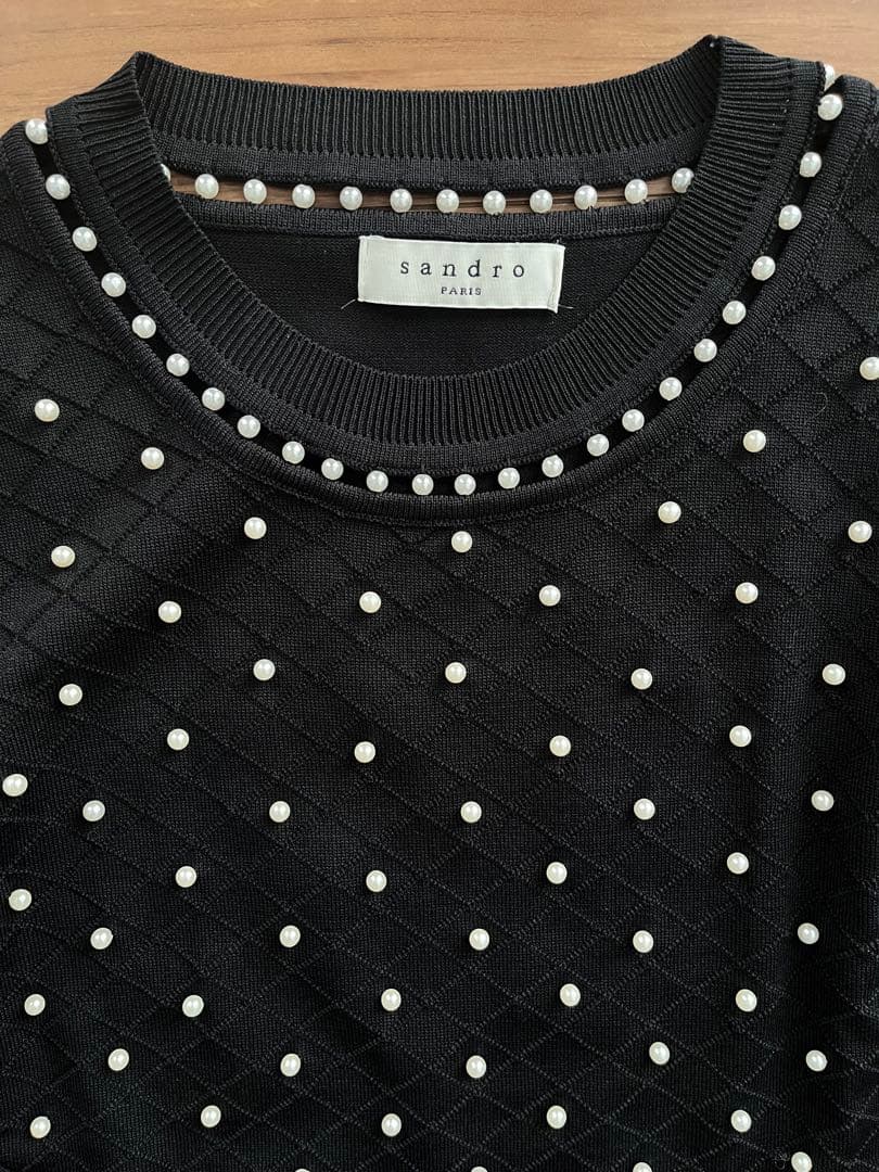 Sandro Paris サロンド パール装飾　ニットワンピース ブラック　黒