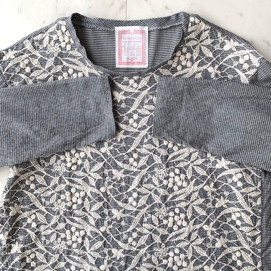 ビアズリー フロント刺繍フランネルワンピース チェック柄 グレー系 洗える