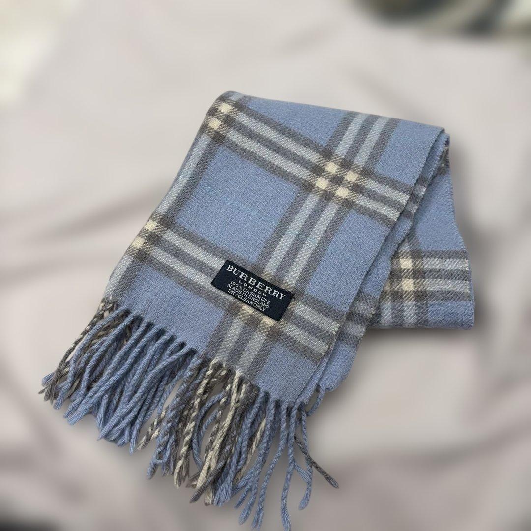 BURBERRY カシミヤ マフラー ブルー チェック