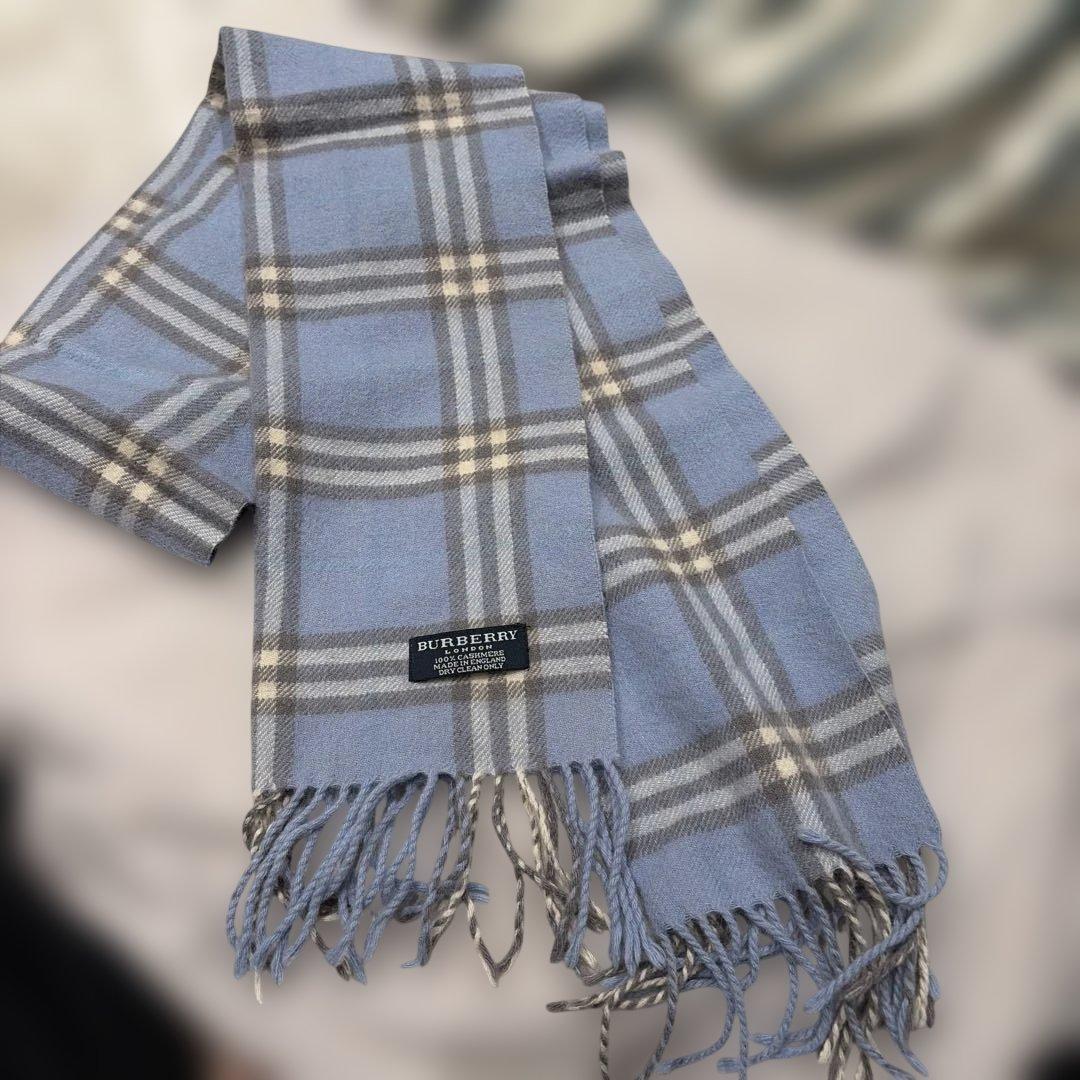 BURBERRY カシミヤ マフラー ブルー チェック