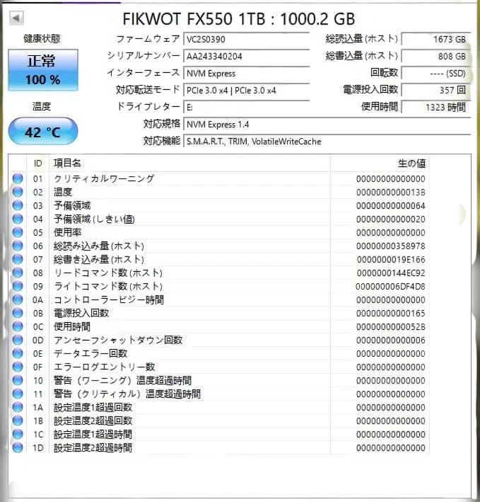 内蔵型SSD Fikwot FX550 1TB NVMe SSD