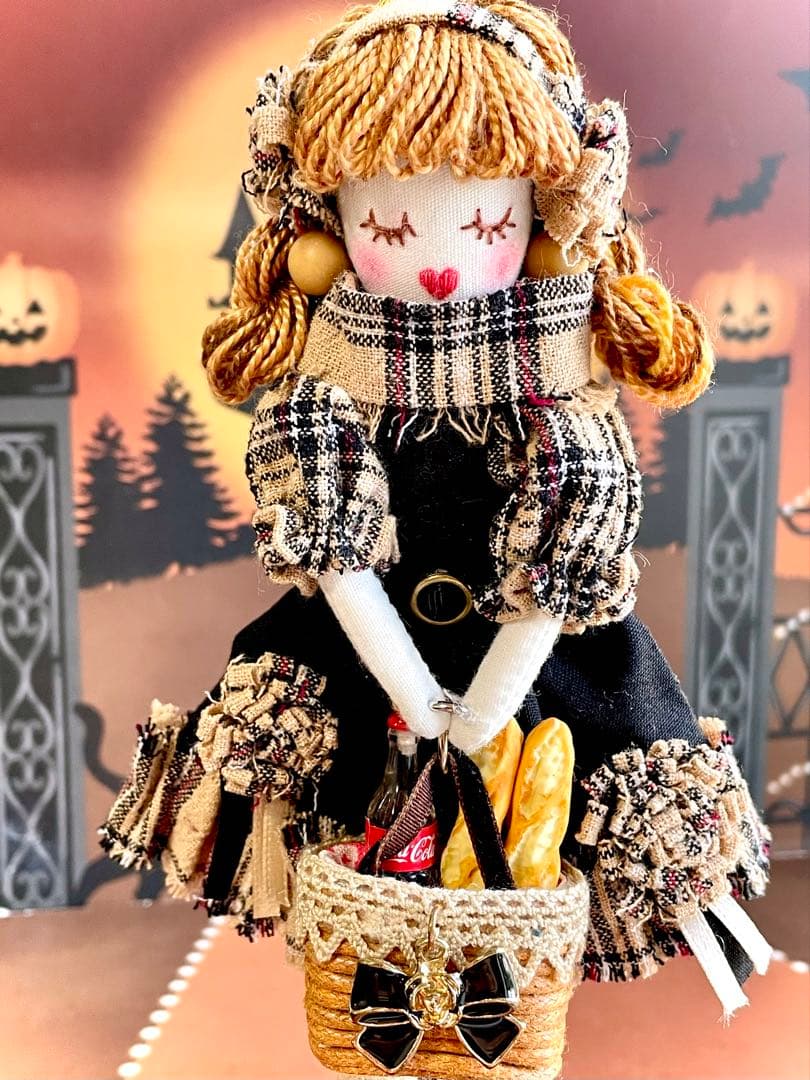 ベージュチェック❤️カントリードール❤️フランスパン♡ハンドメイド♡ドールチャーム