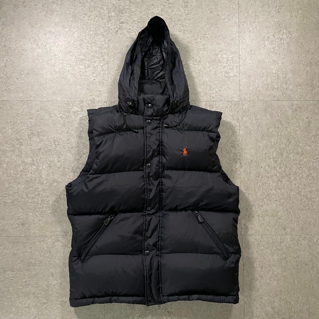 POLO RALPH LAURENダウンベスト フード収納ブラックオレンジポニー