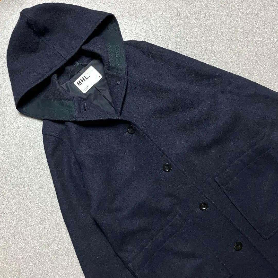 MHL.ウールフーデッドコート ロング ネイビー エムエイチエル