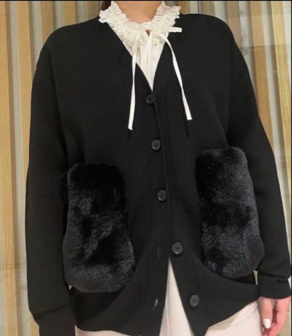 【haru】美品 Ballsey ファーポケットカーディガン ブラック