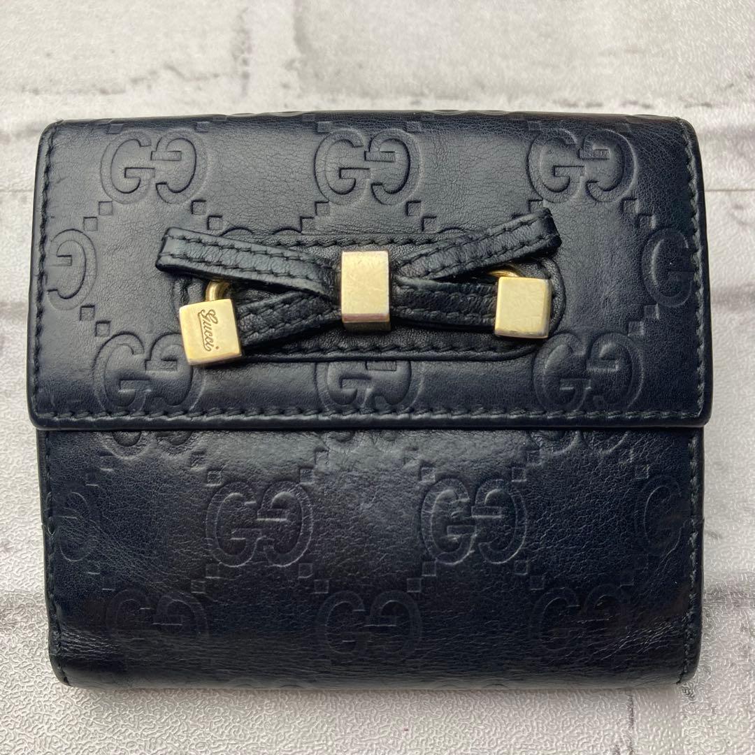 【かねごんごんさん専用】GUCCI　グッチ☆二つ折り財布　ブラック　リボン　シマ