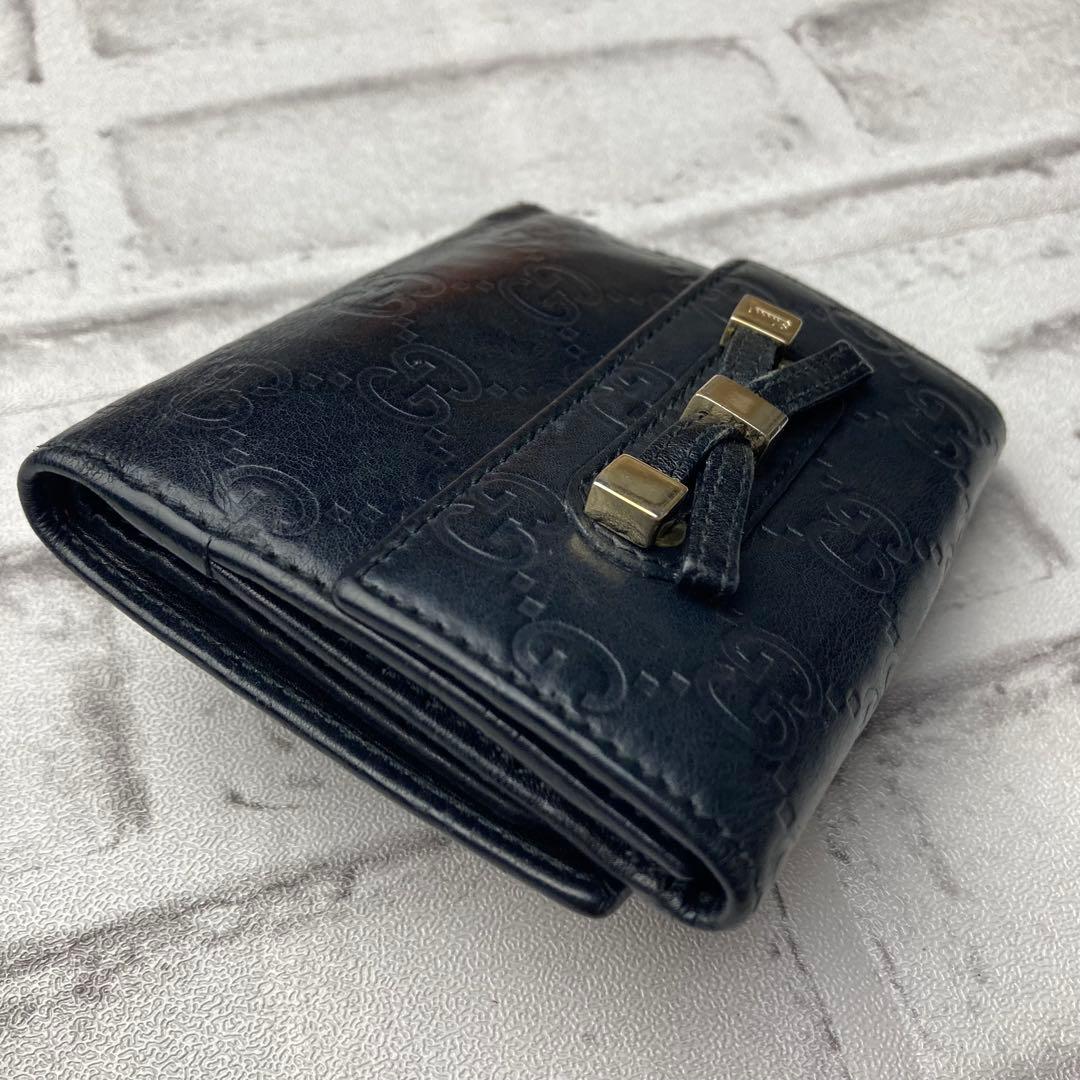 【かねごんごんさん専用】GUCCI　グッチ☆二つ折り財布　ブラック　リボン　シマ