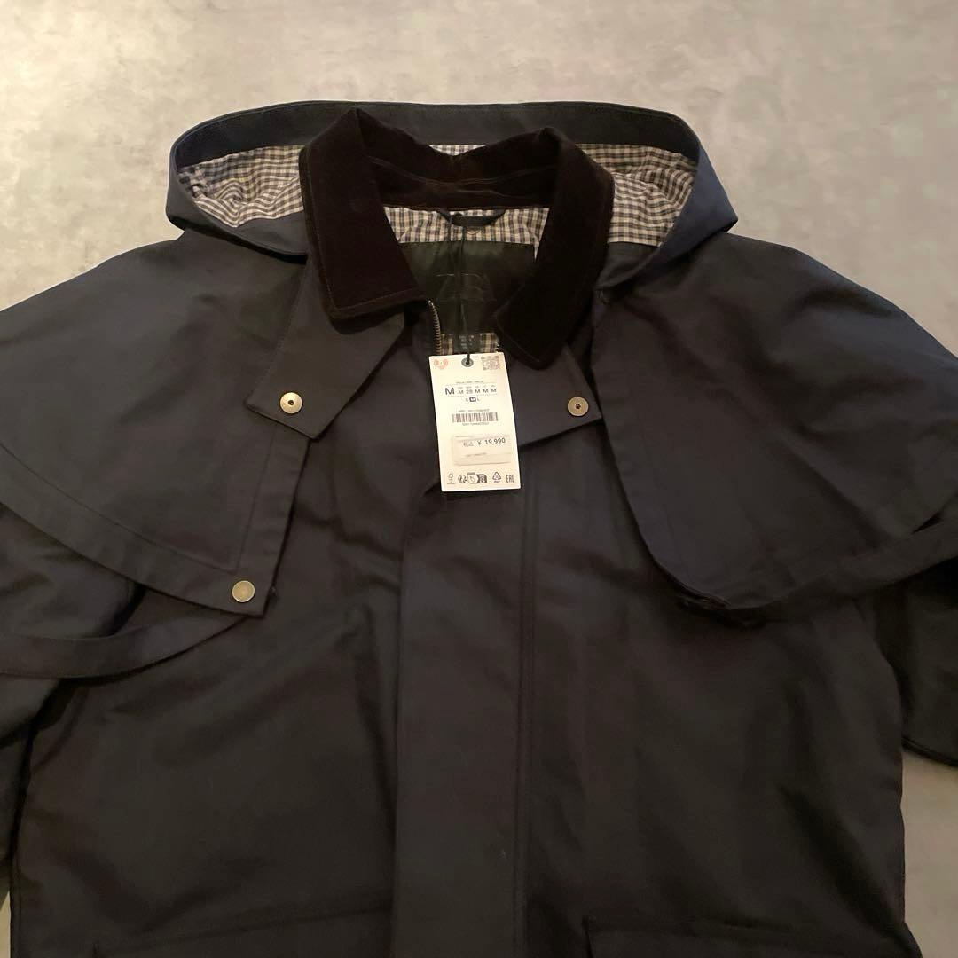 新品タグ付 ZARA コントラストラペルフード付き トレンチコート ネイビー M