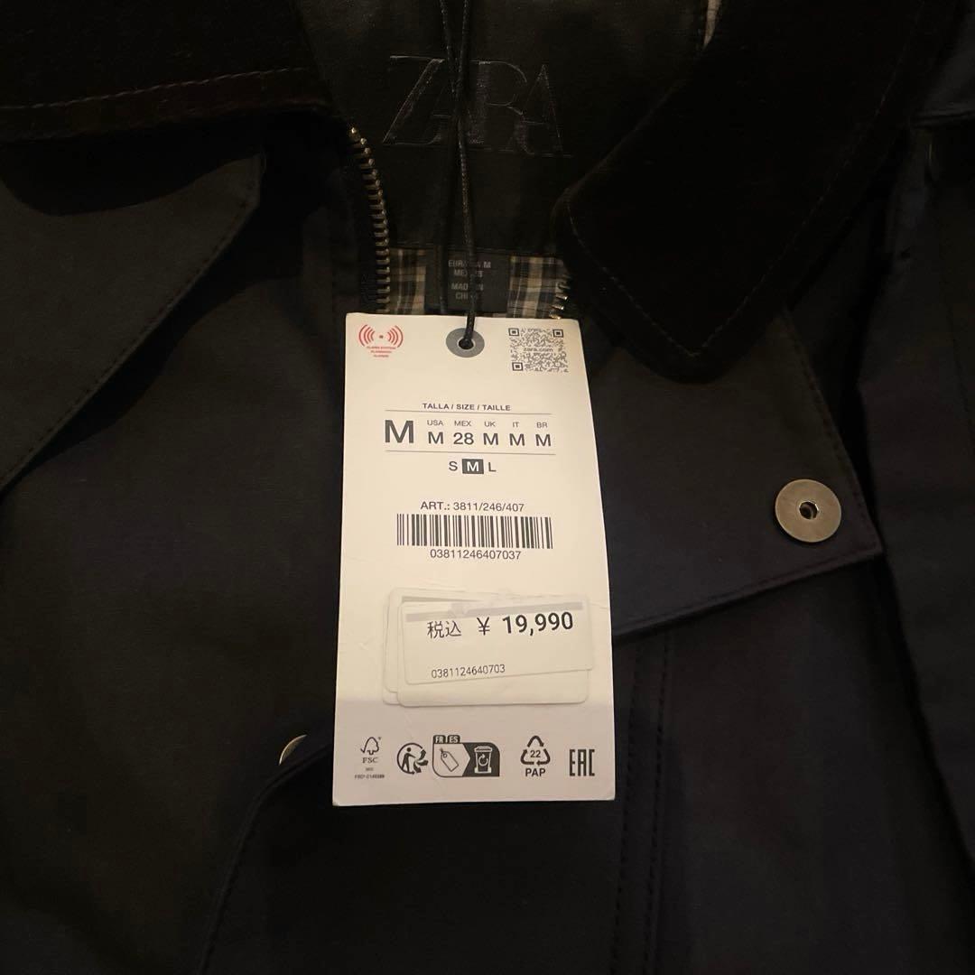 新品タグ付 ZARA コントラストラペルフード付き トレンチコート ネイビー M
