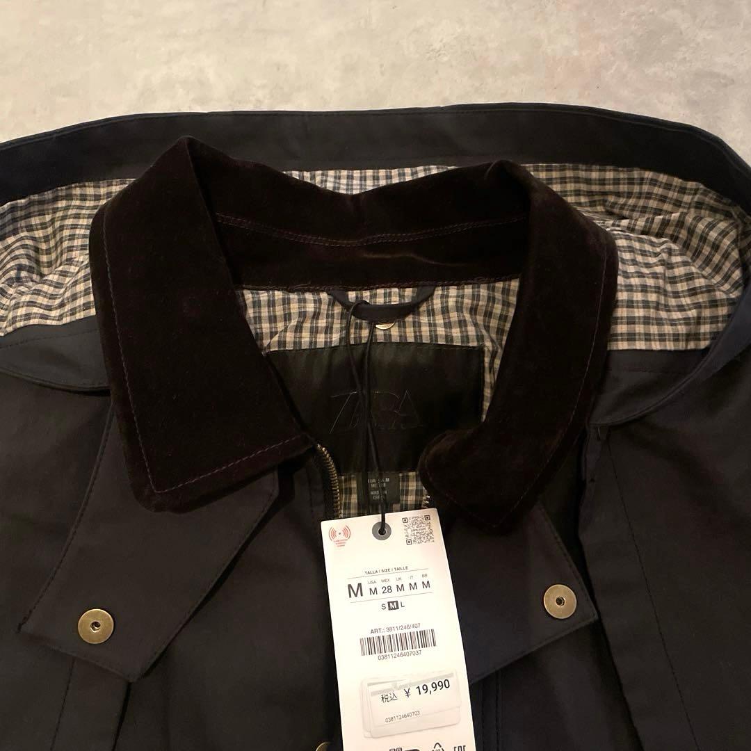 新品タグ付 ZARA コントラストラペルフード付き トレンチコート ネイビー M
