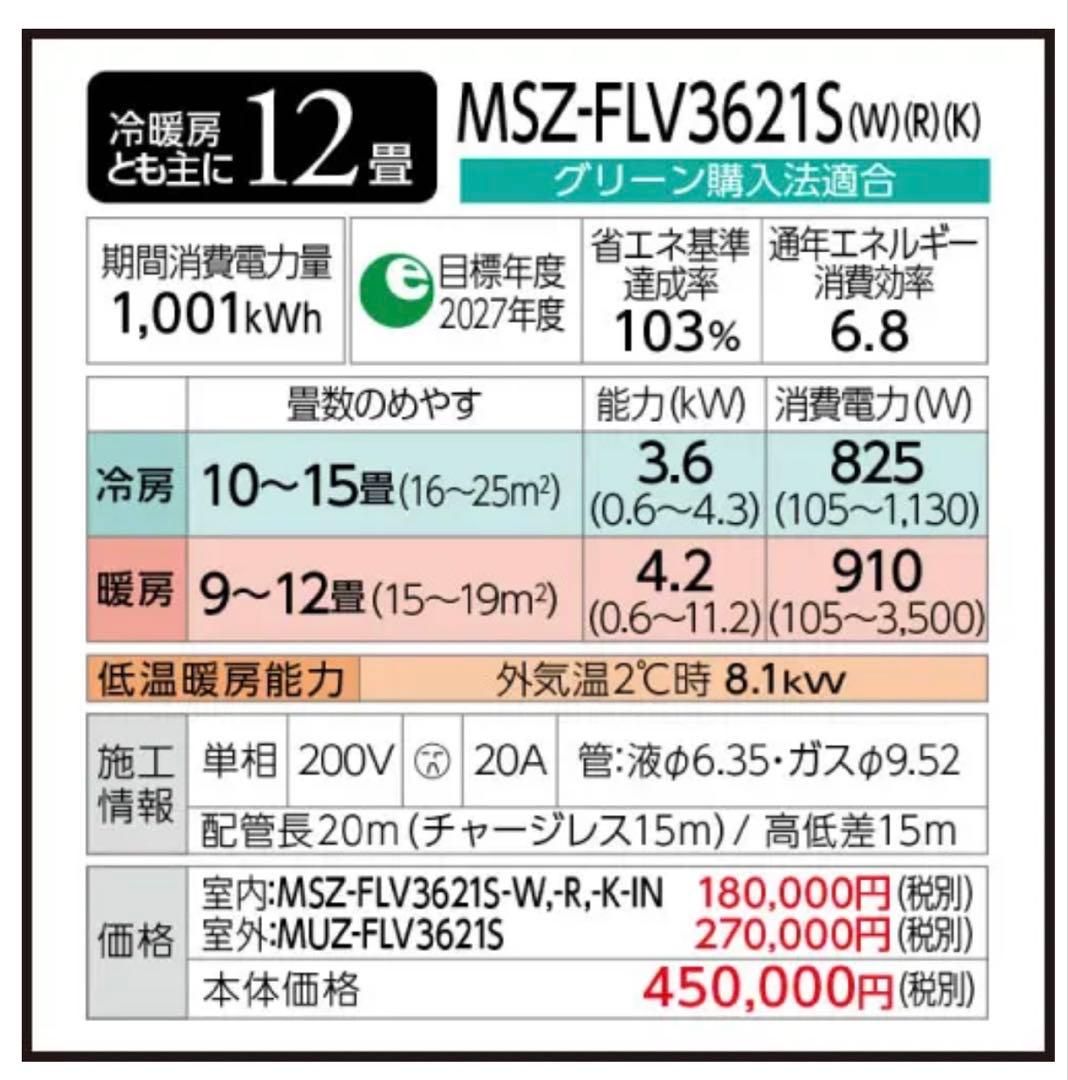 未使用三菱霧ケ峰MSZ-FLV3621S-R-IN省エネ単相200V ワイヤレス