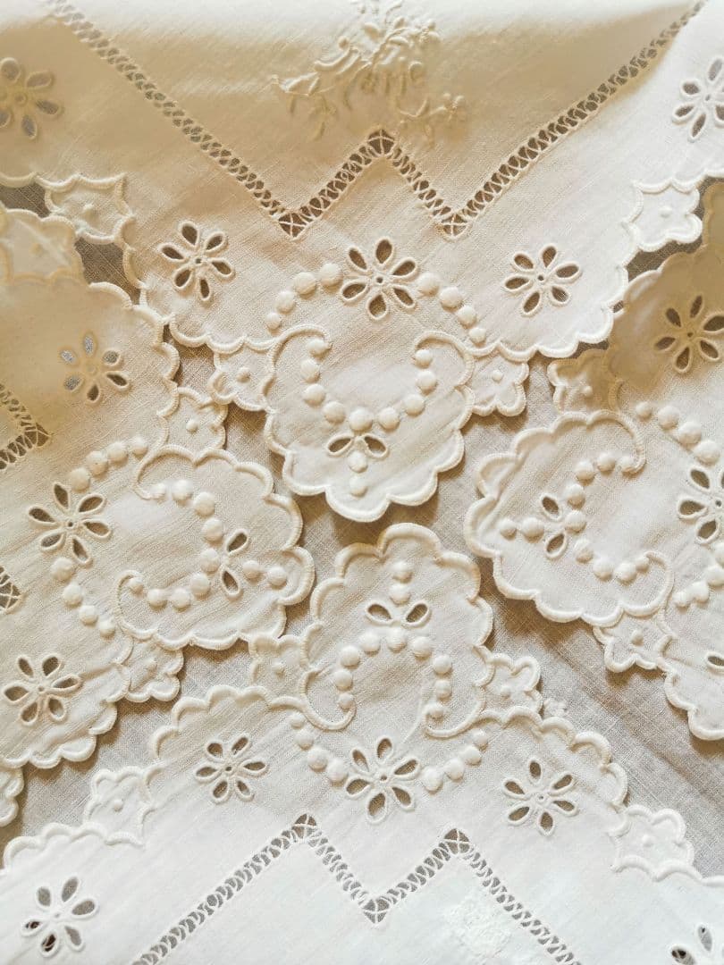 アンティーク フランス マリー花刺繍 オープンカットワーク アイレット ハンカチ