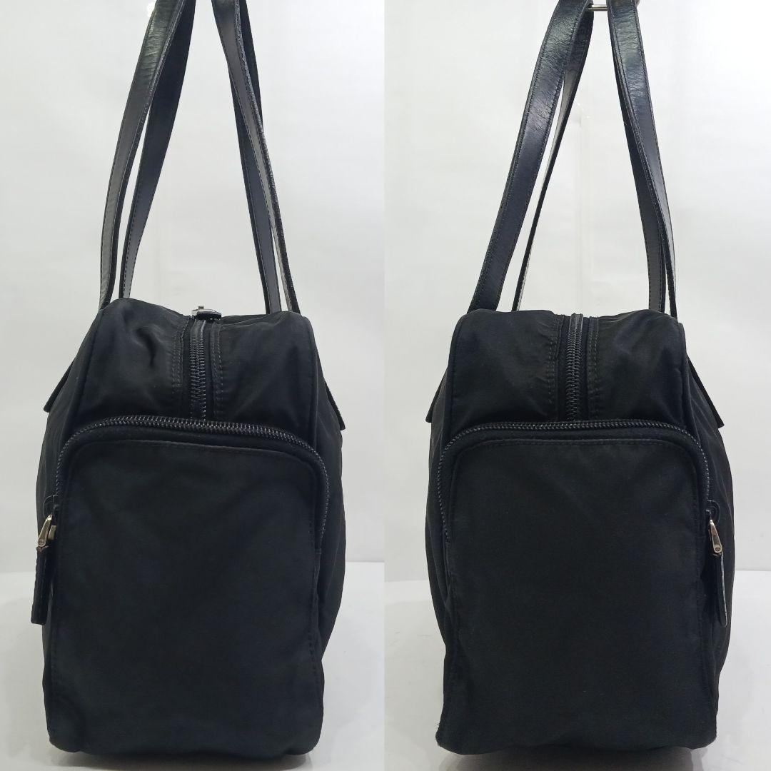 プラダ ミニボストンバッグ ハンドバッグ レザー×ナイロン 肩掛 黒 三角ロゴ