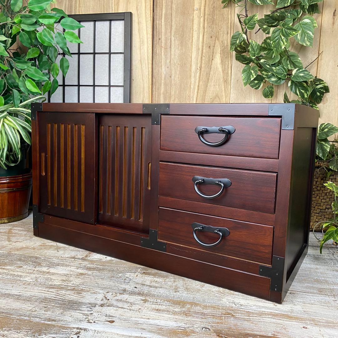 民芸家具引き戸付きタンスチェスト2点セット木製桐材天然無垢飾り棚収納家具和箪笥