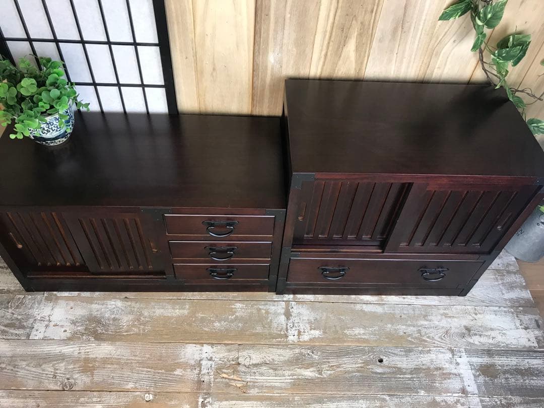 民芸家具引き戸付きタンスチェスト2点セット木製桐材天然無垢飾り棚収納家具和箪笥
