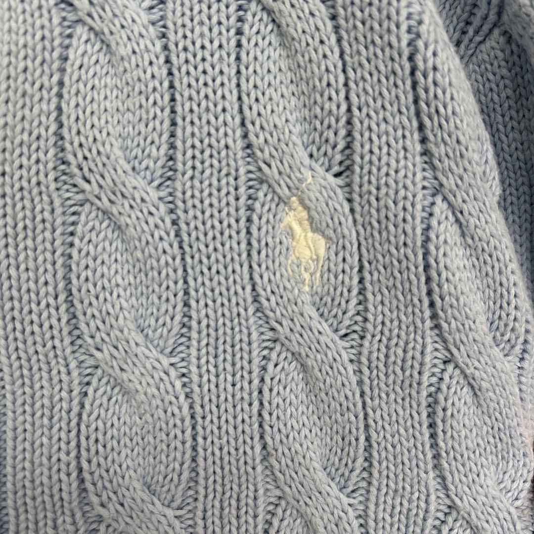 ♡ポロラルフローレン【M】ニットカーディガン ケーブル編み コットン 刺繍 水色