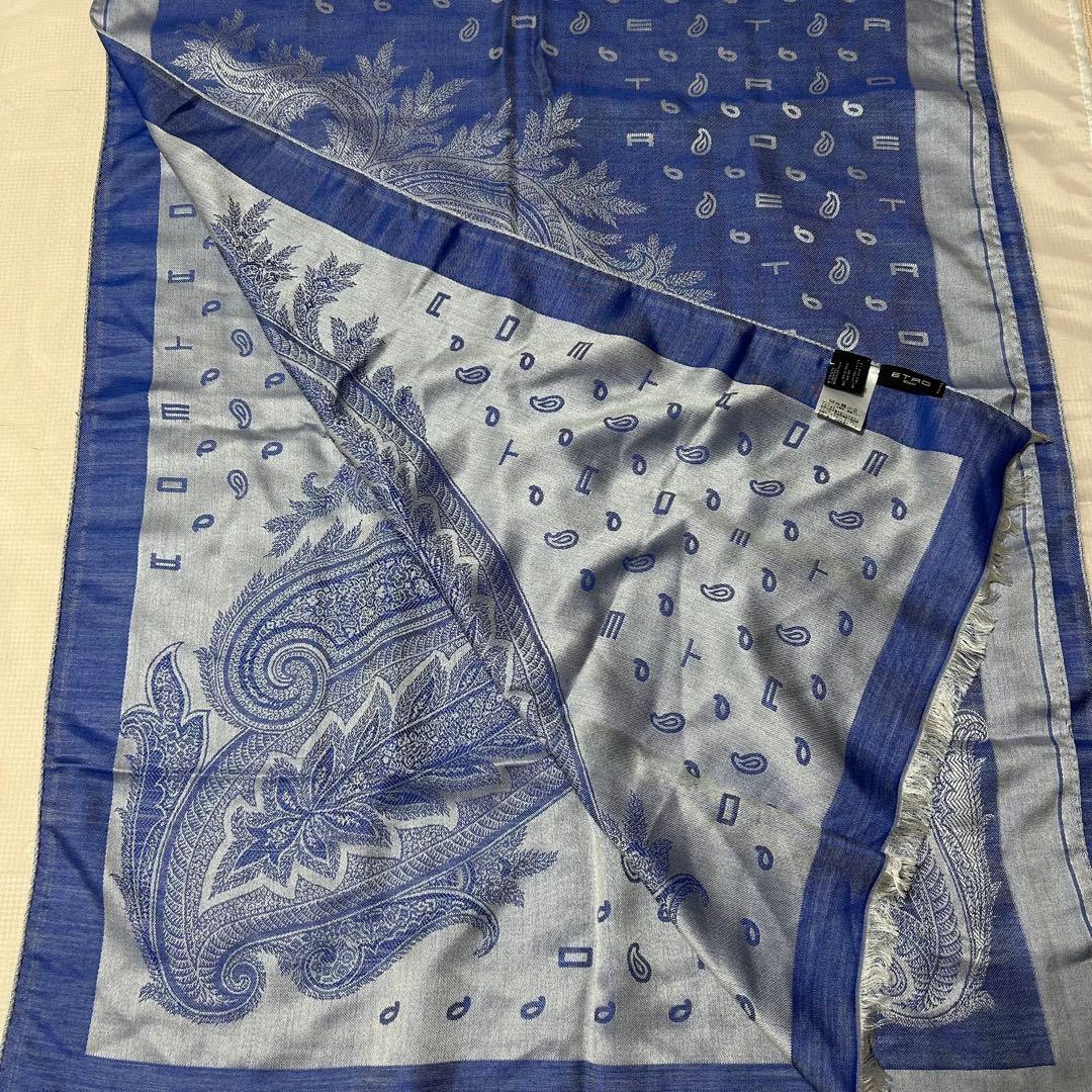 ETRO エトロ　ペイズリー柄 シルク混ウール 大判 ストールブルー レディース