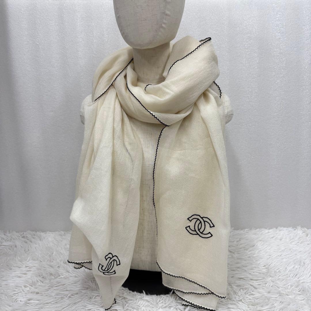 【訳あり】CHANEL カシミヤ　ストール　ココマーク　クリーム　アイボリー