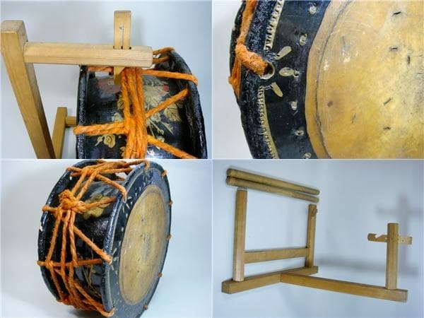 太鼓■古い和太鼓 締太鼓 梅 牡丹絵 台 バチ付 能楽 時代物■