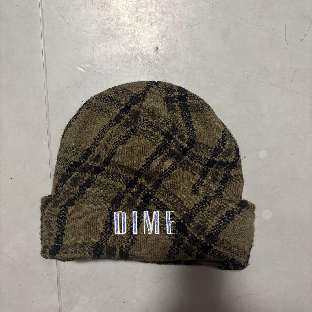 Dime チェック柄 ニット帽 カーキ