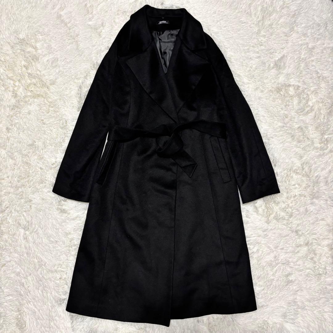 【横糸カシミヤ100%×極美品】マキシ丈ロングコート ベルト ブラック M
