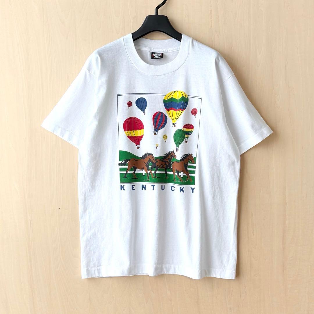 90sUSA製古着　ヴィンテージ　Tシャツ　気球　競馬　アート　シングルステッチ